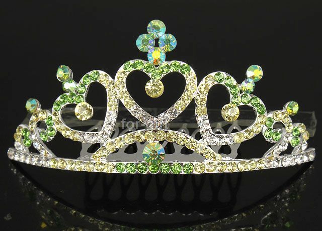 Noblest Green Swarovski Crystal Rhinestone 3 Hearts Crown Tiara Small 