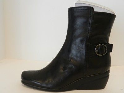 New $109 Nine West US 5.5 Wedge Black Leather Ankle Buckle Boots 