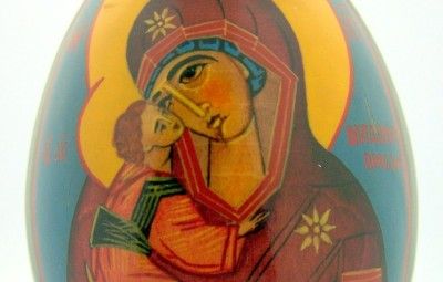 Wood Russian Madonna And Child Jesus Icon Egg & Stand  