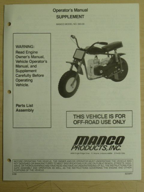 MANCO MINI BIKE MODEL 593 00 ASSEMBLY OPERATOR PARTS LIST MANUAL 