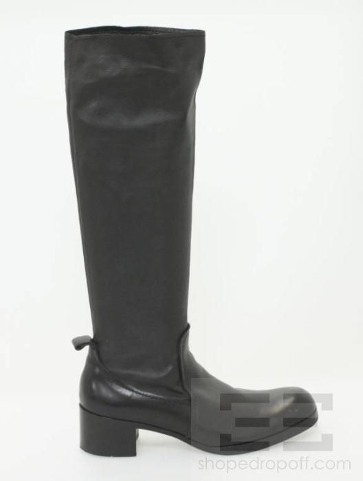 Jil Sander Black Leather Stacked Heel Knee High Boots Size 37.5  