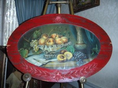 ANTIQUE STILL LIFE FRUIT PRINT ~ UNIQUE OVAL WOOD FRAME  