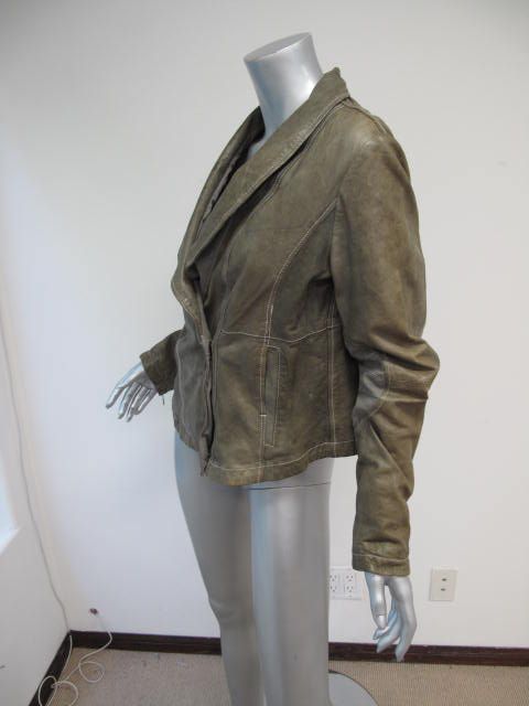 Emporio Armani Distressed Gray Leather/Poly Zip Up Cross Button Jacket 