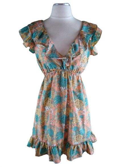 70s Style PEACH FLORAL BOHO Flutter Slv Tie Back Sun Dress  