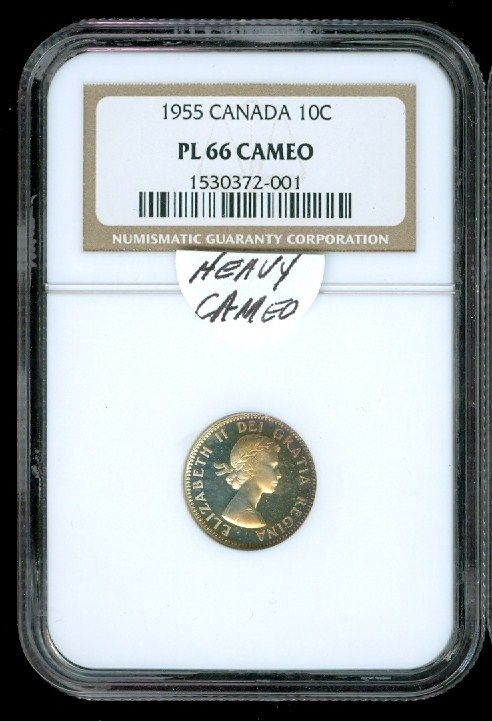 1955 CANADA 10 CENTS NGC PL66 HEAVY CAMEO .  