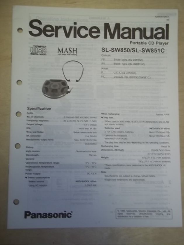 Panasonic Service Manual~SL SW850/SW851C Shock Wave CD Player~Original 