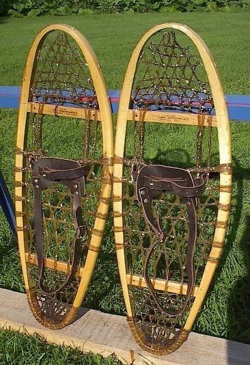  BEAR PAW Snowshoes 36x10 Leather Binding Wooden Frame Rawhide Webbing