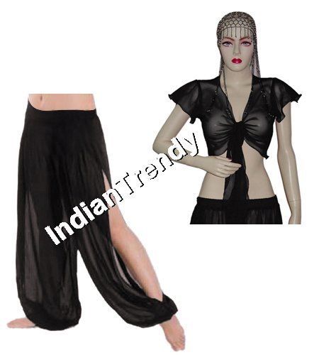 Black Slit Harem Pant Ruffle Top Choli Belly Dance Yoga  