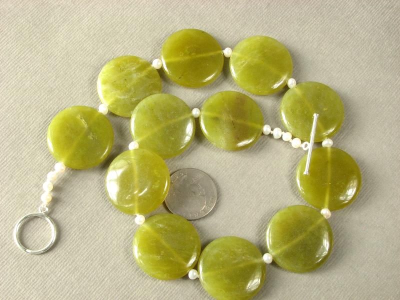 Necklace Olive Jade Large 30mm Flat Round Stones 925  