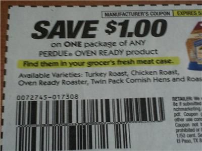 15 Coupons $1/1 Perdue Oven Ready Chicken 5/21/2012 $1.00/1  