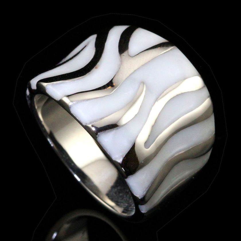 Pearl White Enamel Zebra Print Stainless Steel Fashion Ring  