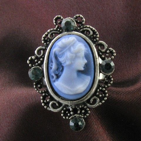 Antique Silver Vintage St CAMEO Ring Blue Stone Crystal Stone Lady 