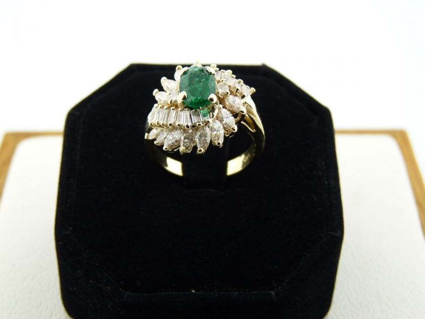 14K YELLOW GOLD DIAMOND CLUSTER RING WITH EMERALD CENTER  