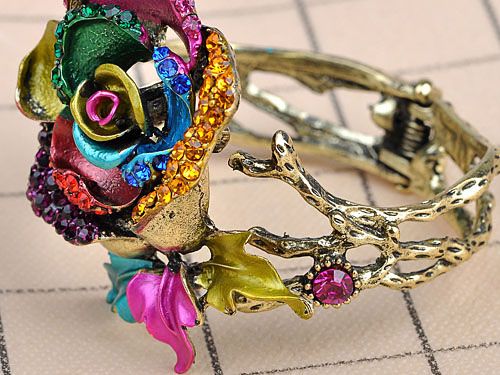 Colorful Abstract Enamel Paint Crystal Rhinestone Rose Flower Bracelet 