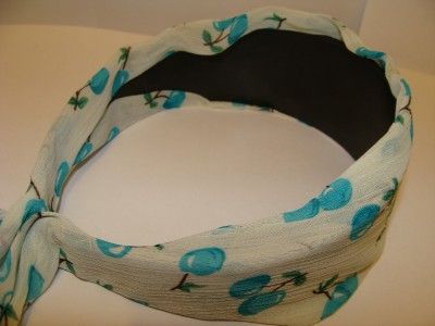 Blue Cherries White Headband Scarf Rockabilly 50s Retro Vintage Pinup 