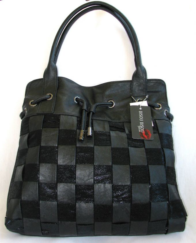 BISOU BISOU BLACK WOVEN FAUX LTHR LARGE TOTE,HANDBAG 884239320111 