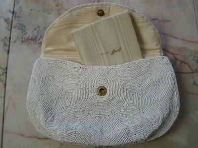 Vtg 50s BAGS BY JOSEF France White Beaded EVENING CLUTCH Purse w 