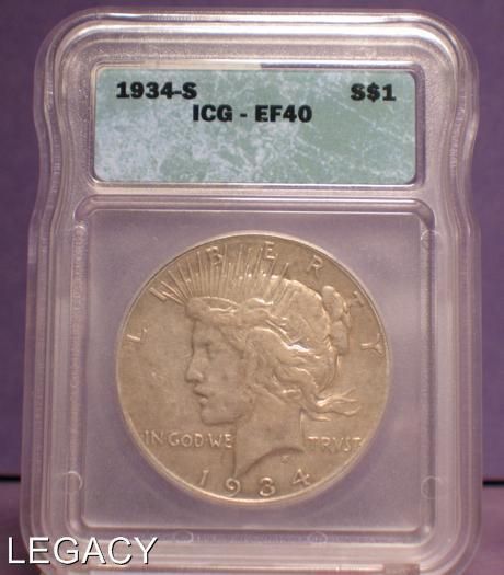 1934 S SILVER PEACE DOLLAR ICG EF40 *SILVER (GEY+  