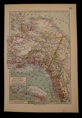 Alaska w/ gold region 1912 color litho map German  