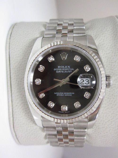 MENS ROLEX DATEJUST STEEL WHITE GOLD 116234 FACTORY BLACK DIAMOND FACE 