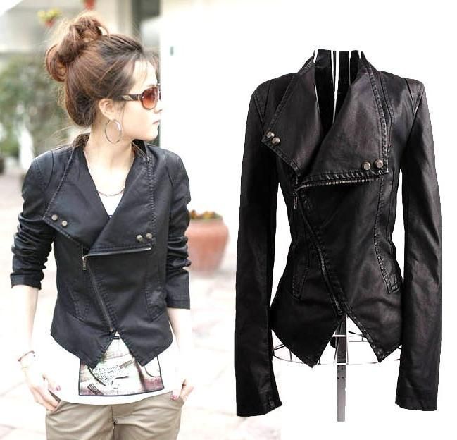 J107 Trendy Korean Fashion Women PU Leather Slim Jacket Coat SZ S M L 