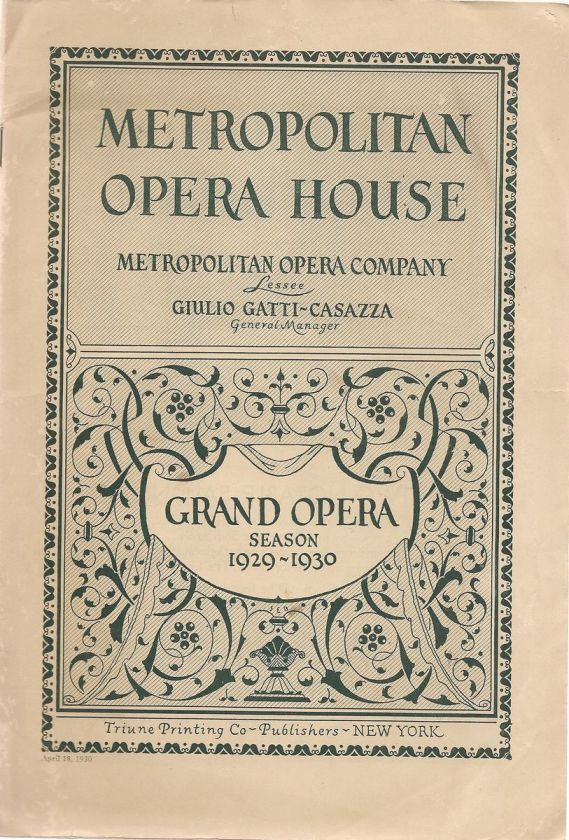 Metropolitan Opera April 18 1930 Richard Wagner Pasifal Program  