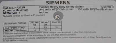 New Siemens HF222N HD Fusible Safety Switch 60A 240VAC Nema 1  