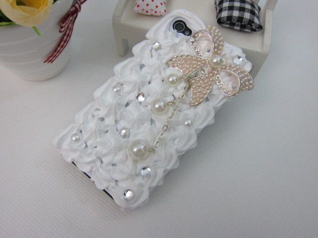 3D Pearl Bow Cake Cream Bling Crystal Case Cover for iPhone 4 4S White 