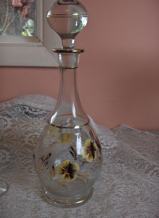   Bohemian 6 Pc Crystal Wind Decanter Art Glass Pansys Bees Romania