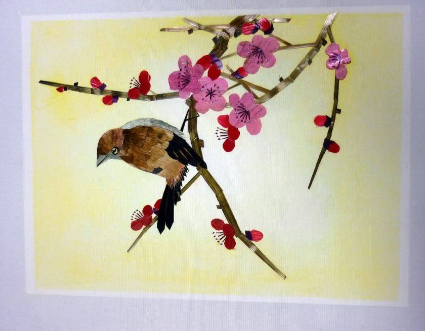 WHEAT STALK ON SILK BROWN BIRD HAND CUT PAINTED PICTURE  