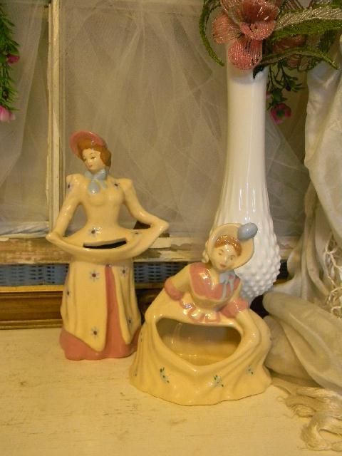 Pr. 1950s Handpainted Victorian Lady Planter & Vase  