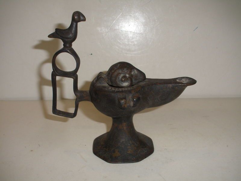 ANTIQUE ISLAMIC ARABIC FIGURAL RAM BIRD BRONZE OIL LAMP  