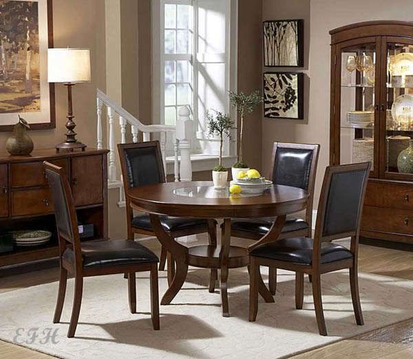 5PC AVALON ROUND CHERRY WOOD & GLASS DINING TABLE SET  