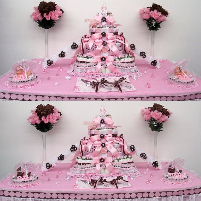 4Tier Pink/Brown Baby Shower Diaper Cake Centerpiece/Gift/Decoration 