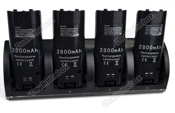 Black 4X 2800mAh Battery Charger Dock Station For Nintendo Wii Remote 