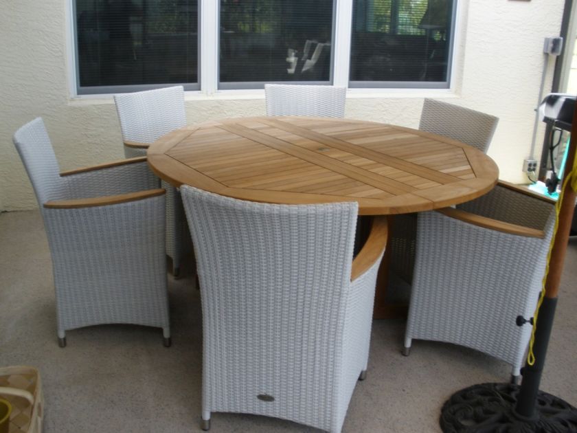   BOXES 13 Piece 5 Round Teak/Wicker Drop Leaf Patio Table Set  