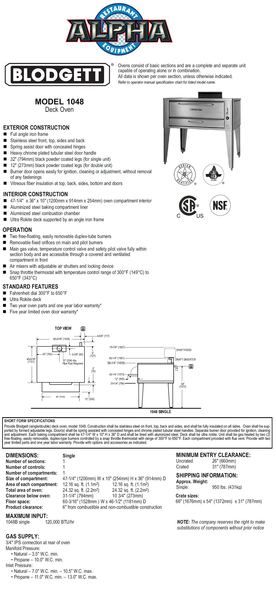Blodgett 48 Single Deck Gas or Propane Oven 1048Single  