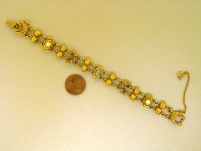 SIGNED GOLDETTE VICTORIAN REVIVAL PEARL TURQUOISE SLIDE VINTAGE GOLD 