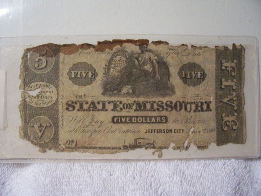   Of Missouri $5 Defence Bond Note Printed On Cream Paper 1862  