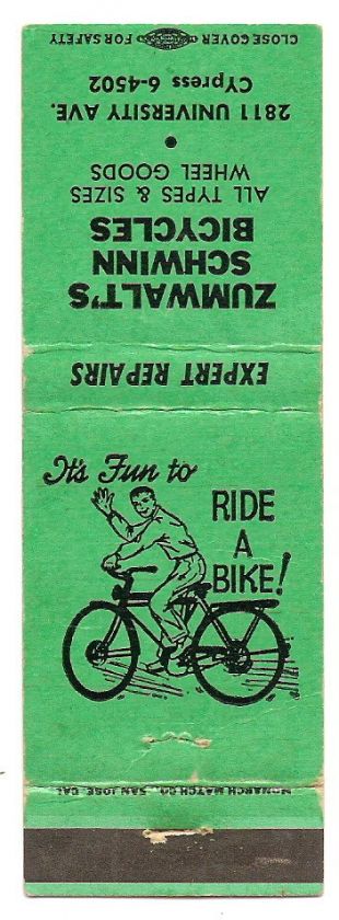 Vintage Matchbook ZUMWALTS SCHWINN BICYCLE SHOP f/s  