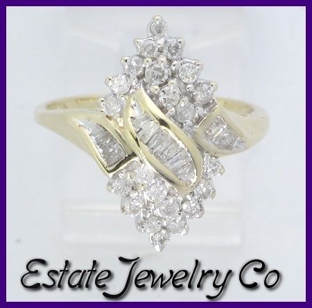 10ky Gold Round & Baguette Diamond Cluster Ring .56ct  