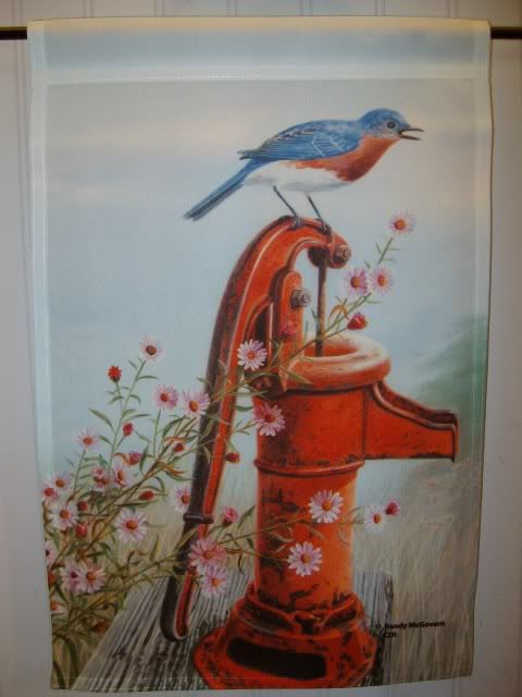 New Country Garden Flag BLUE BIRD on rusty WATER PUMP  