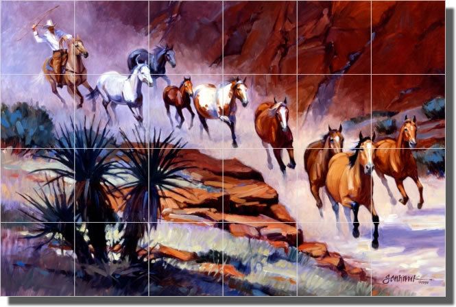 Senkarik Western Horses Cowboy Ceramic Tile Mural Backsplash 25.5x17 