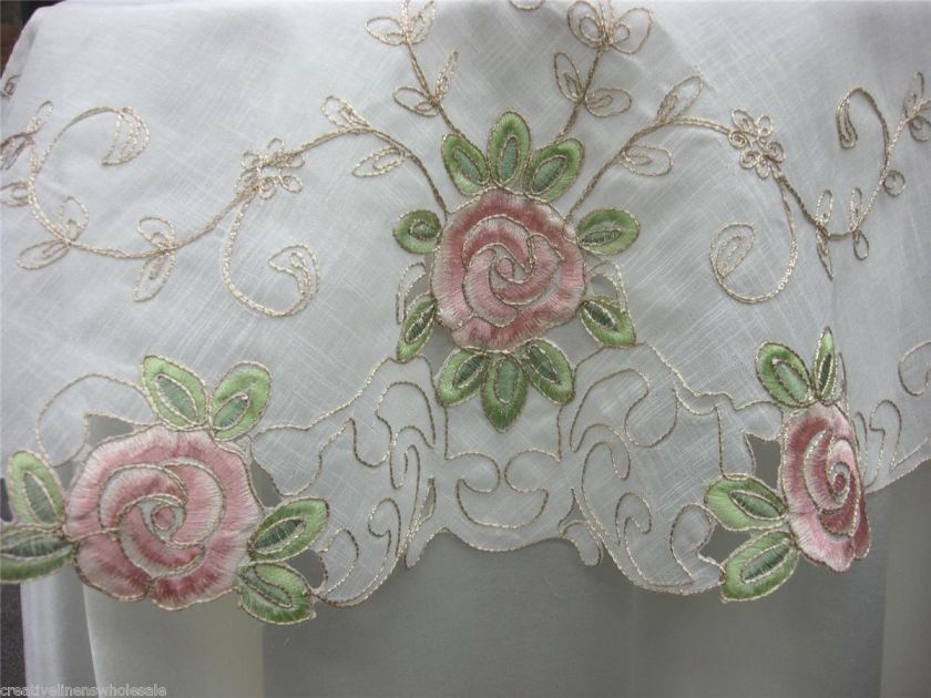  Pink Rose Floral Cutwork Sheer Tablecloth 34x34 ROUND #3737  