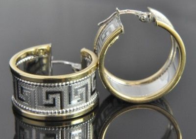 Italian Two Tone 14K Gold Greek Key Round Hoop Earrings  