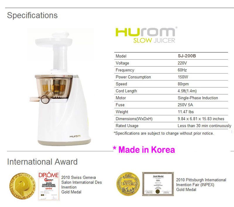 New Hurom Slow Juicer Extractor SJ 200B Fruit, Wheatgrass 