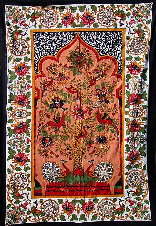   PEACOCK SALMON BLK&WTE TWN TREE OF LIFE TAPESTRY WALL,BED,TABLE  