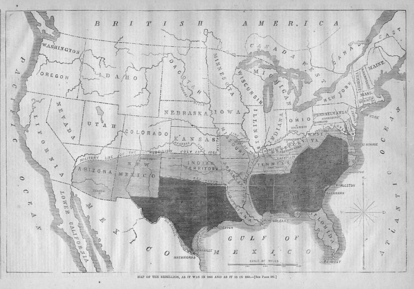 CIVIL WAR UNITED STATES REBELLION MAP, MILITARY LINE  