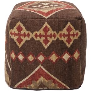 SURYA POUF 19, Brown, Red, Mustard, 18 x18 x18 Ottoman, 100% Wool 