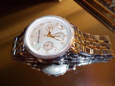 MICHAEL KORS CHRONOGRAPH Swarovski Crystal SILVER Gold Womens Watch 